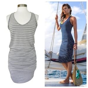 Athleta Racerback Tank Tee Midi Dress Gray White Stripe Medium
